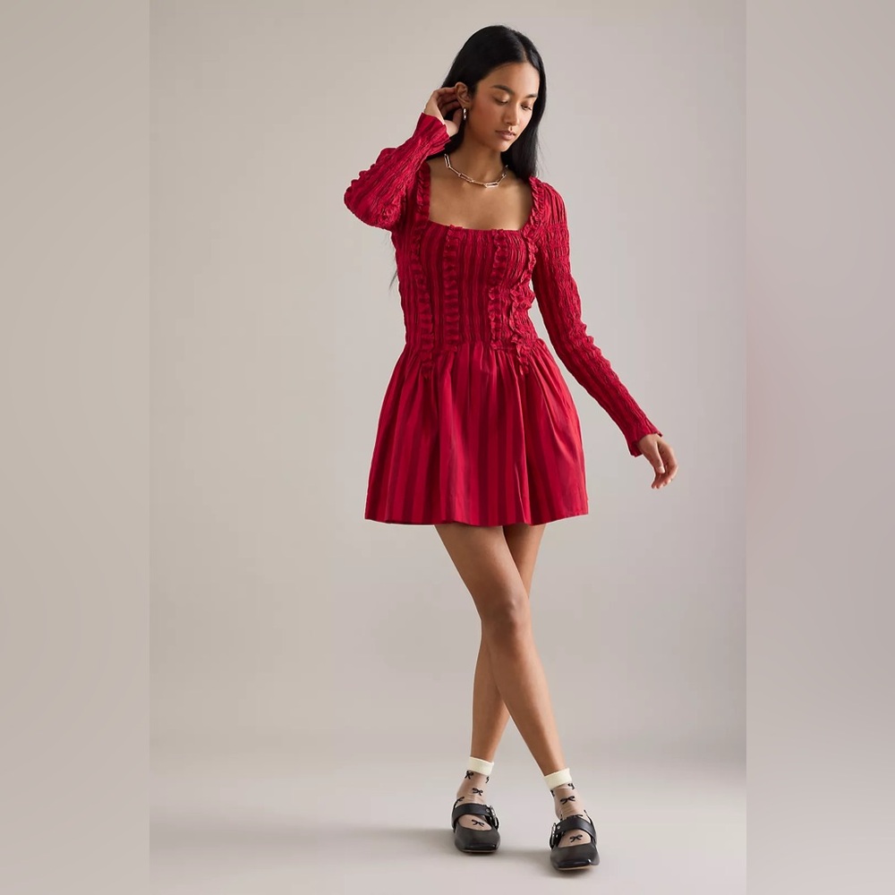 Damson Madder Raphaela Ruffle Long Sleeve Organic Cotton Mini Dress